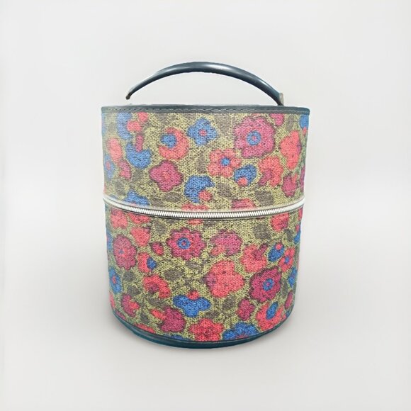 Vtg 60s/70s Multicolor Floral Wig Tote/Hatbox, Storage Travel Case 1970s 1960s - Picture 1 of 10